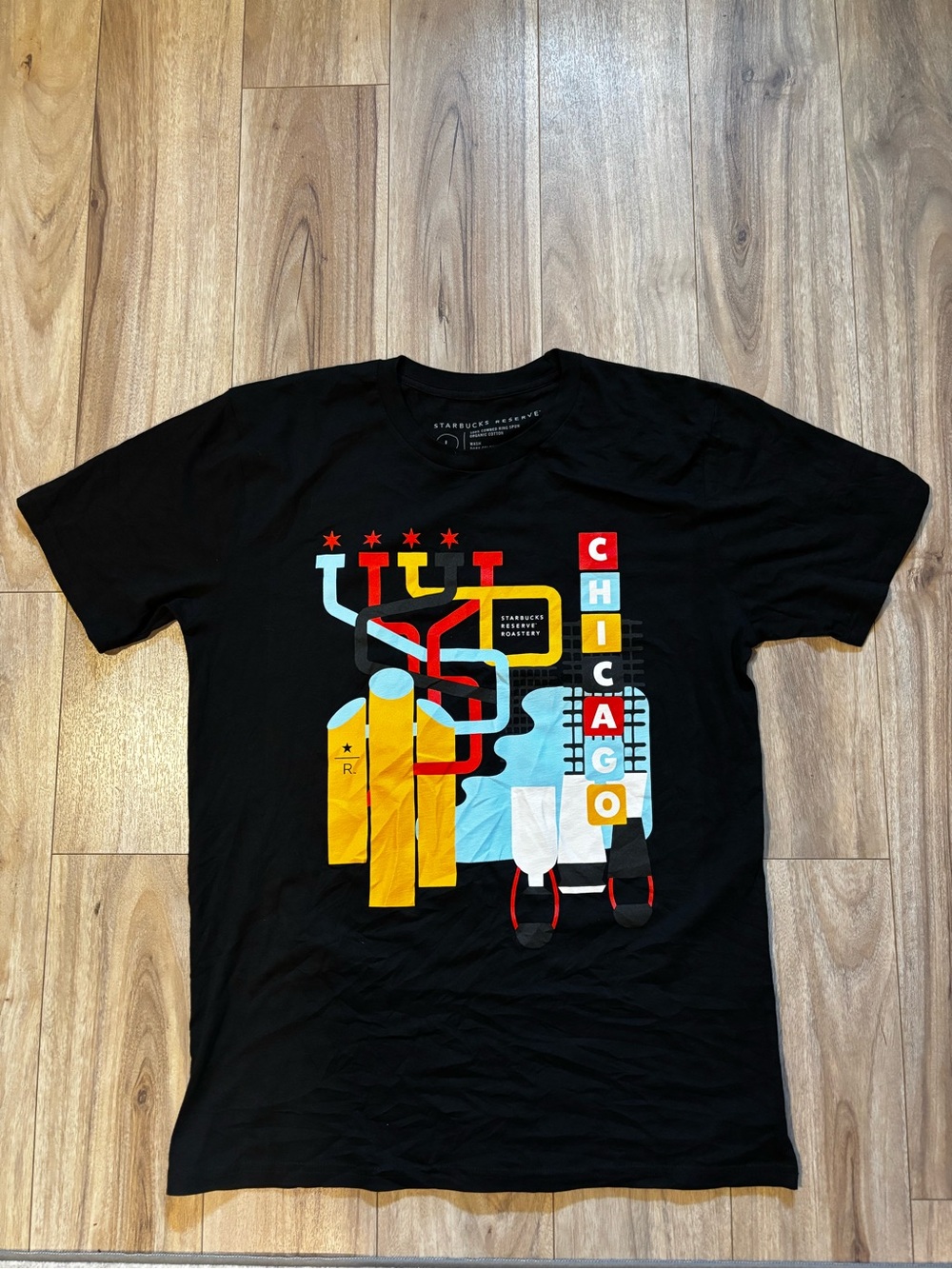 Starbucks Reserve Black T‑Shirt with Yellow Red Blue Chicago Graphic